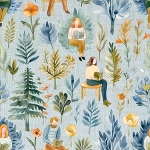 Puede incluir: Un patr&oacute;n sin costuras con ilustraciones de acuarela de personas leyendo libros en un entorno de jard&iacute;n. El patr&oacute;n incluye varias plantas, flores y &aacute;rboles en tonos de azul, verde, amarillo y naranja. Las personas se representan en un entorno relajado y tranquilo, disfrutando de sus libros.
