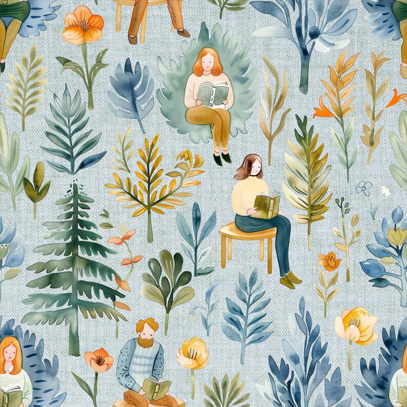 Puede incluir: Un patr&oacute;n sin costuras con ilustraciones de acuarela de personas leyendo libros en un entorno de jard&iacute;n. El patr&oacute;n incluye varias plantas, flores y &aacute;rboles en tonos de azul, verde, amarillo y naranja. Las personas se representan en un entorno relajado y tranquilo, disfrutando de sus libros.