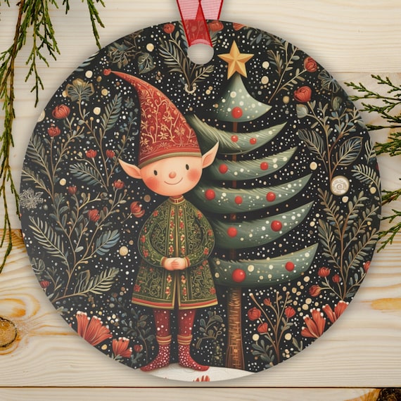 Nordic Christmas Elf Ornament • Folk Art Holiday Metal Ornament (Round or Oval) • Scandinavian Christmas Tree Decor • Woodland Decoration