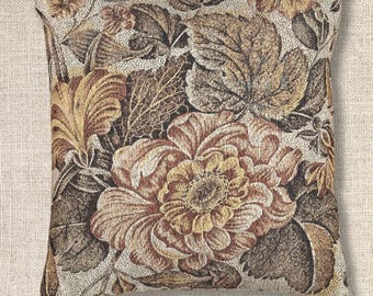 Woven Vintage Floral Throw Pillow, Tapestry Style Cushion, Brown Botanical Decor, Cottagecore Victorian Aesthetic Neutral Colors Accent