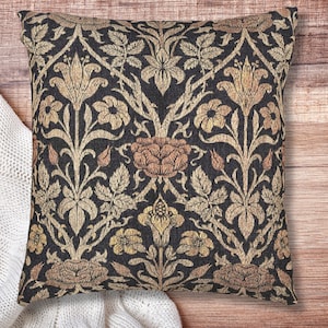 Floral Woven Pillow, Morris-Style Tapestry Throw Cushion, Vintage Gothic Botanical, Dark Academia & Earthy Dark Cottagecore Aesthetic Decor