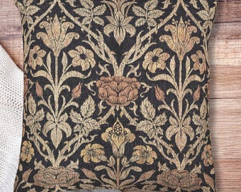 Floral Woven Pillow, Morris-Style Tapestry Throw Cushion, Vintage Gothic Botanical, Dark Academia & Earthy Dark Cottagecore Aesthetic Decor