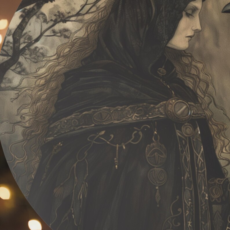 May include: An illustration of a person in a black hooded cloak with ornate gold trim. The person has long, wavy, light-colored hair and a serene expression. The artwork has a vintage, gothic aesthetic.