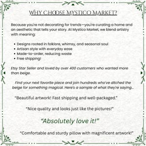 May include: A decorative beige-colored image with the text "WHY CHOOSE MYSTICO MARKET?" and customer testimonials. The image highlights the shop's focus on folklore, artisan style, made-to-order items, and free shipping.