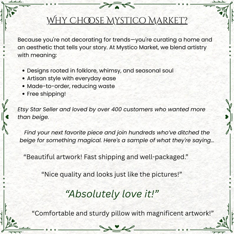 May include: A decorative beige-colored image with the text "WHY CHOOSE MYSTICO MARKET?" and customer testimonials. The image highlights the shop's focus on folklore, artisan style, made-to-order items, and free shipping.