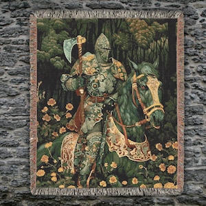 Medieval Tapestry Throw, Woven Fringed Blanket, Green Knight Design, Arthurian Legend Gift, Celtic Mythology Aesthetic, Green Academia
