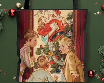 Vintage Christmas Tote Bag, Retro Santa Holiday Shopping Bag, Nostalgic Kids & Tree, Reusable Polyester Tote, Giftable Holiday Market Bag