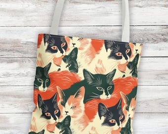 Retro Style Cat Lover Tote Bag | Ideal gift for Cat Owner | Fall Fashion Shopping Bag | Cat Lady Gift | Animal Pattern Bag | Whimsical Cats
