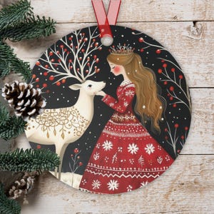 Metal Ornaments - Scandinavian Folk Art Girl with Reindeer, Colorful and Whimsical Decor, Holiday Gift, Christmas Tree Decoration, Winter