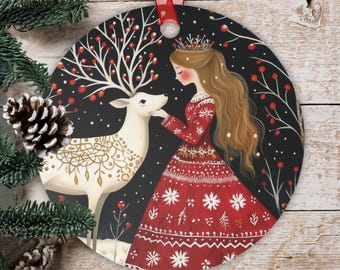 Metal Ornaments - Scandinavian Folk Art Girl with Reindeer, Colorful and Whimsical Decor, Holiday Gift, Christmas Tree Decoration, Winter