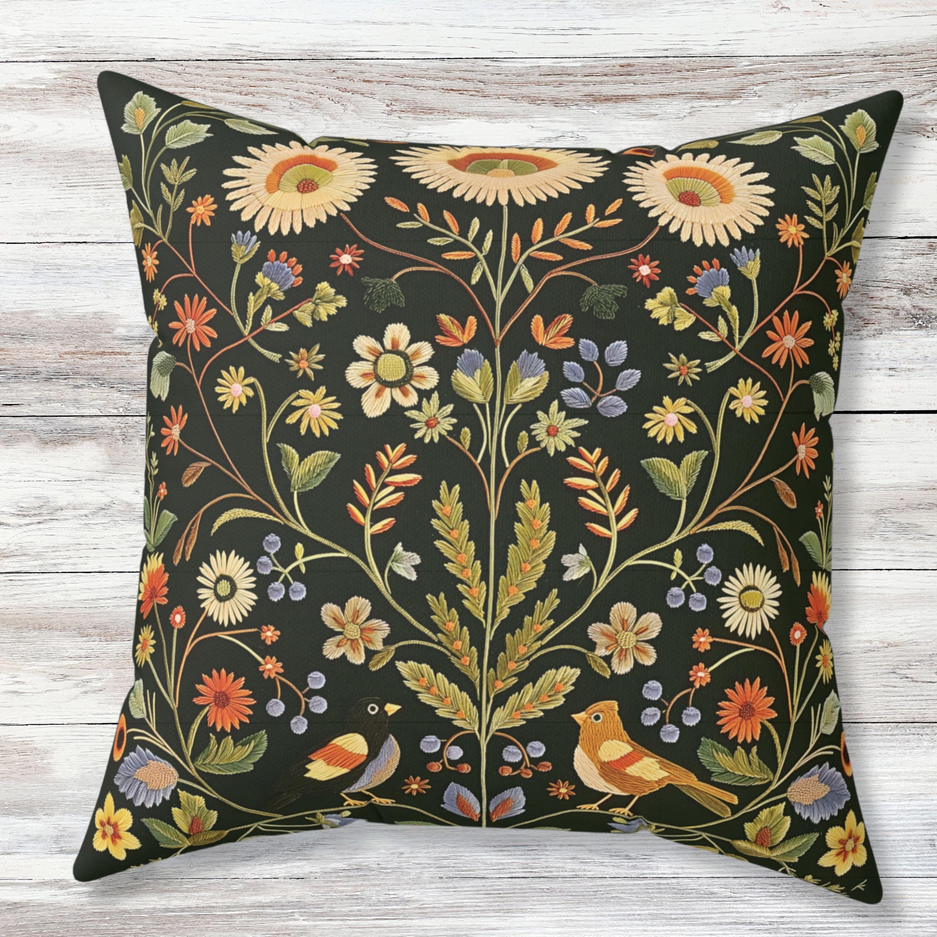 Folk Art Floral Pillow with Birds Faux Embroidery Boho Throw Pillow…