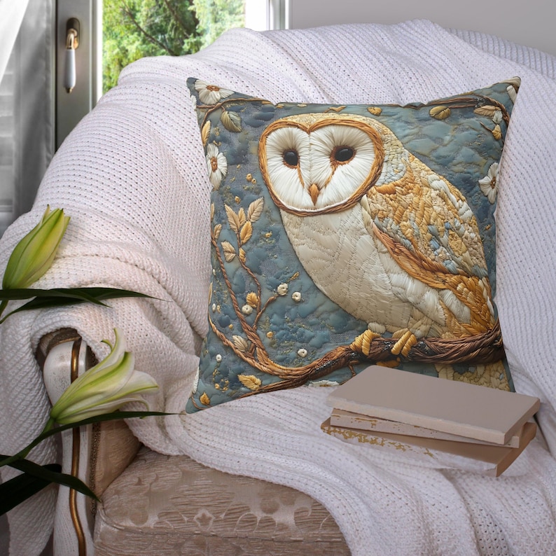 May include: Square decorative pillow featuring a detailed illustration of an owl perched on a branch. The owl has white and tan feathers, set against a teal background with floral accents. The pillow is placed on a white knitted blanket.