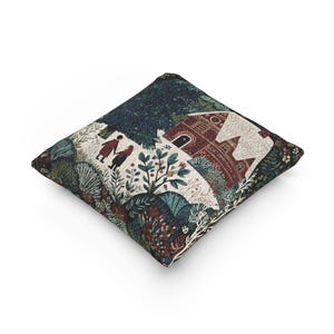 Nordic Winter Cottage Woven Tapestry Pillow – Scandi Folk Art Forest Cushion, Gingerbread House Decor, Double-Sided Jacquard 17x18 inches image 5