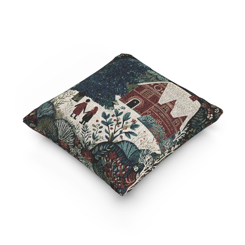 Nordic Winter Cottage Woven Tapestry Pillow – Scandi Folk Art Forest Cushion, Gingerbread House Decor, Double-Sided Jacquard 17x18 inches image 5