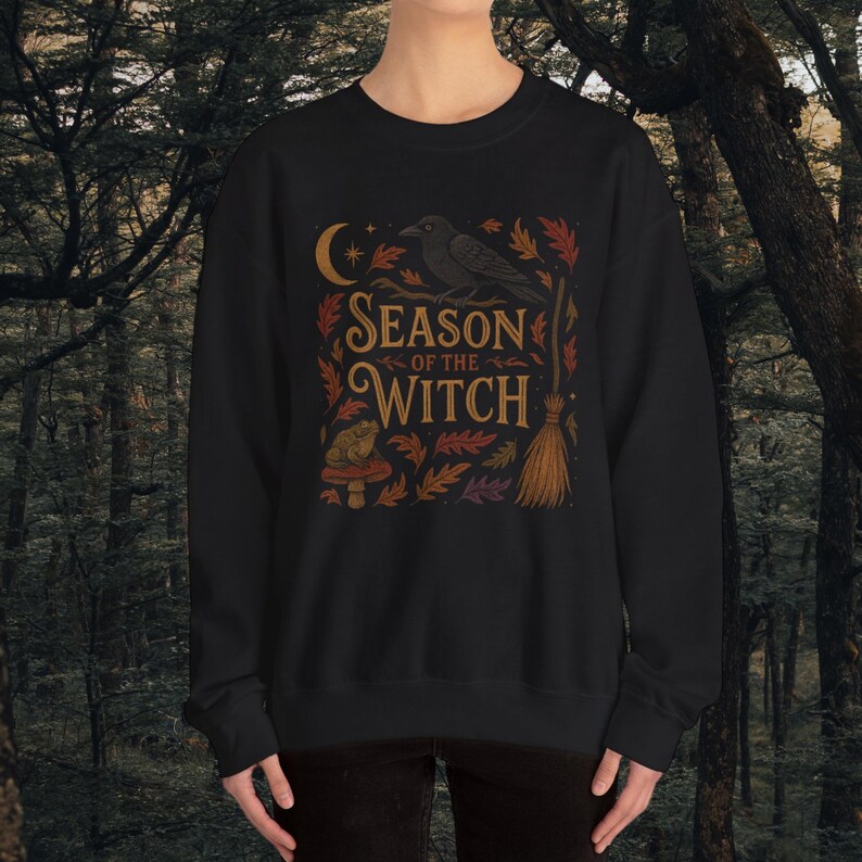 May include: Black sweatshirt with a graphic design featuring the text "Season of the Witch". The design includes a crescent moon, a crow, autumn leaves, a broom, and a mushroom with a frog.