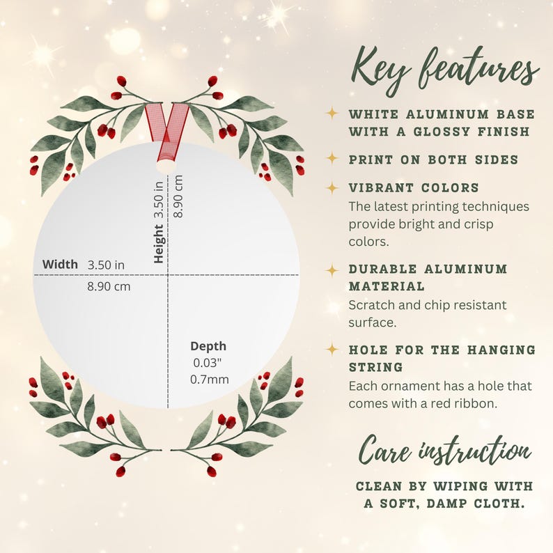 May include: A white, round aluminum ornament with a glossy finish, 3.50 inches wide and high, and 0.03 inches deep. The ornament has a red ribbon for hanging and features text about its key features and care instructions.