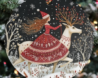 Folk Art Reindeer Rider Christmas Ornament | Scandinavian Winter Decor | Whimsical Nordic Woman & Deer Metal Ornament Gift
