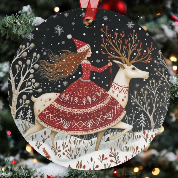 Folk Art Reindeer Rider Christmas Ornament | Scandinavian Winter Decor | Whimsical Nordic Woman & Deer Metal Ornament Gift