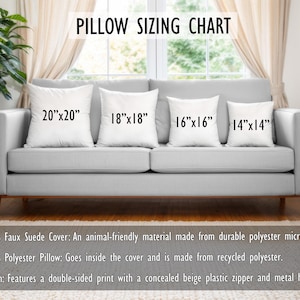 May include: A gray sofa displays four white square pillows of varying sizes: 20"x20", 18"x18", 16"x16", and 14"x14". The text "PILLOW SIZING CHART" is at the top. The pillows are described as having a faux suede cover and a recycled polyester pillow.
