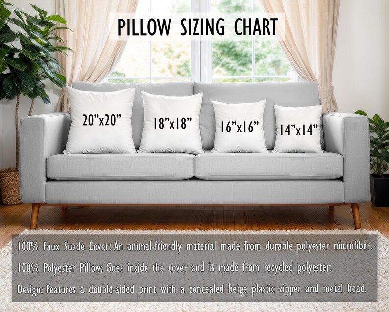 May include: A gray sofa displays four white square pillows of varying sizes: 20"x20", 18"x18", 16"x16", and 14"x14". The text "PILLOW SIZING CHART" is at the top. The pillows are described as having a faux suede cover and a recycled polyester pillow.