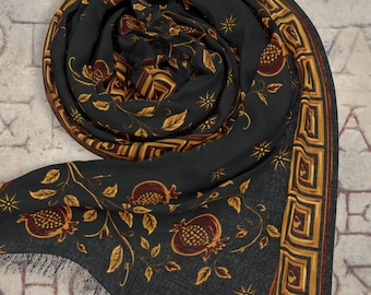 Pomegranate Scarf, Greek-Inspired Black and Gold Lightweight Scarf with Celestial Stars