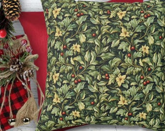 Holly Botanical Christmas Pillow, Vintage Holiday Cottagecore Cushion, Green & Red Winter Throw Pillow, Festive Nature-Inspired Home Decor