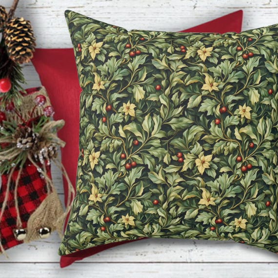 Holly Botanical Christmas Pillow, Vintage Holiday Cottagecore Cushion, Green & Red Winter Throw Pillow, Festive Nature-Inspired Home Decor
