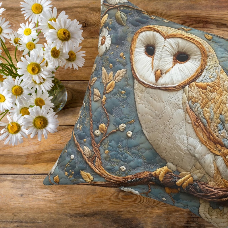 Faux embroidery style barn owl pillow, soft blue and gold colors.