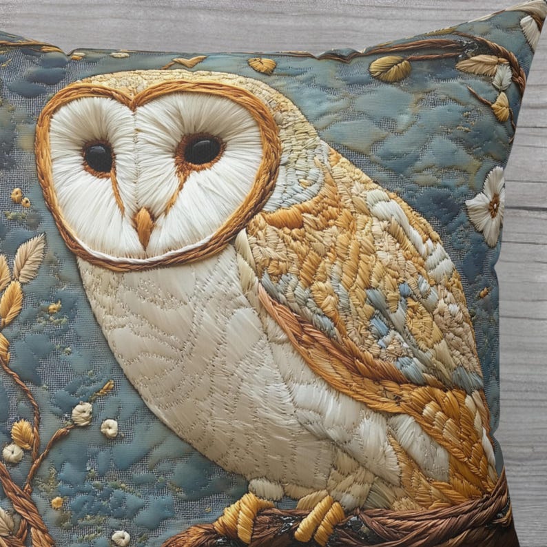 May include: Decorative pillow featuring an embroidered owl design. The owl has a white face, brown eyes, and tan and brown feathers. The background is a textured blue fabric with floral accents. The pillow is square.