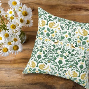 Woodland Garden Pillow, Cottagecore Squirrel & Bird Print, Whimsical Nature Decor for Nursery, Spring Decor, Nordic Folk-Inspired Interiors