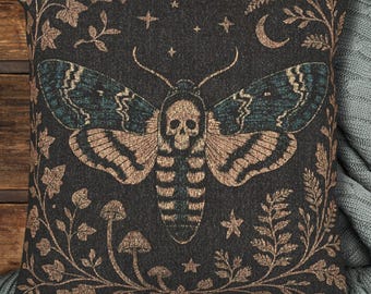 Death’s-Head Moth Pillow, Witchy Gothic Decor Cushion, Moon & Mushroom Design, Dark Academia Cottagecore Aesthetic, Dark Cottagecore Accent