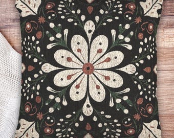 Folk Art Woven Pillow • Scandinavian Floral Cushion • Dark Nordic Christmas Decor
