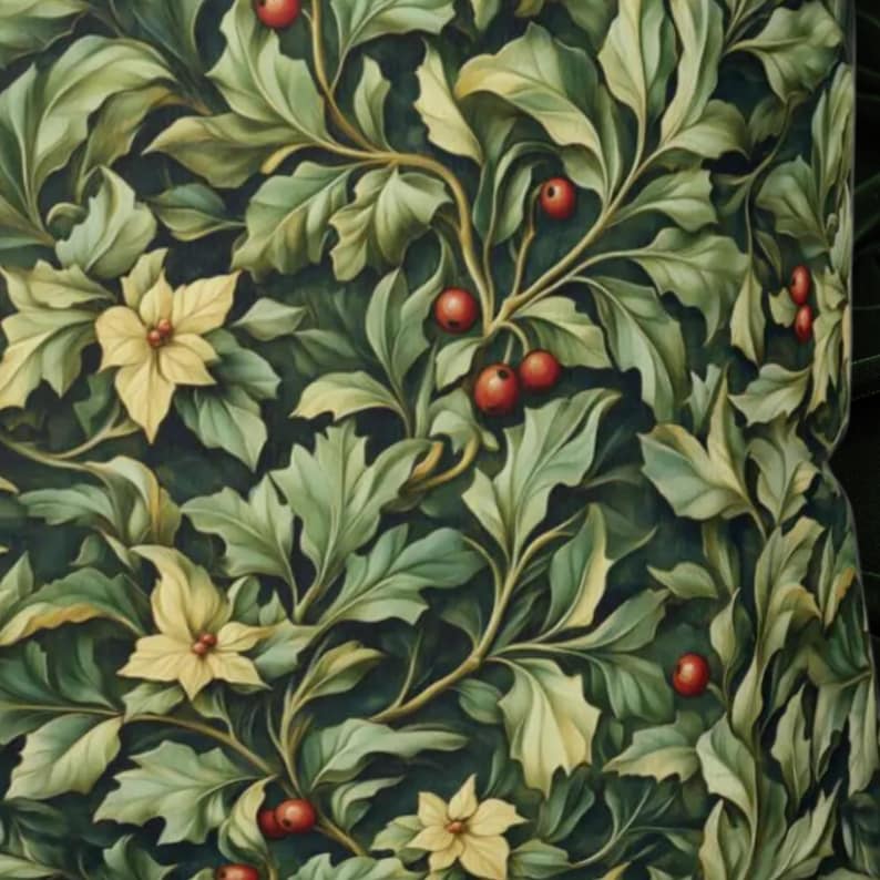 May include: A decorative pattern featuring a repeating design of green leaves, yellow flowers, and red berries. The leaves are a mix of light and dark green, with the berries appearing bright red. The flowers are a soft yellow color.