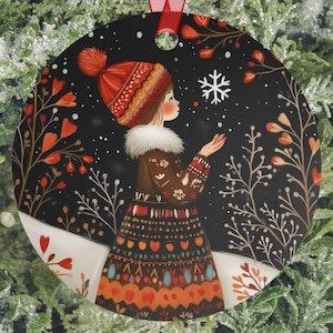 Folk Art Winter Girl Metal Ornament – Nordic Christmas Decor, Storybook Snow Scene