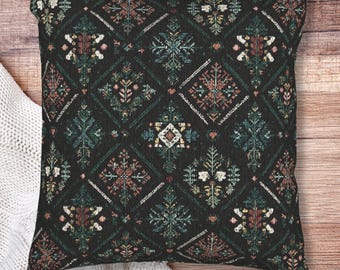 Dark Folk Art Woven Throw Pillow | Vintage Style Tapestry Cushion