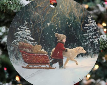Winter Boy and Dog Ornament • Cozy Christmas Forest Scene • Child with Golden Retriever and Sled • Whimsical Holiday Metal Decoration