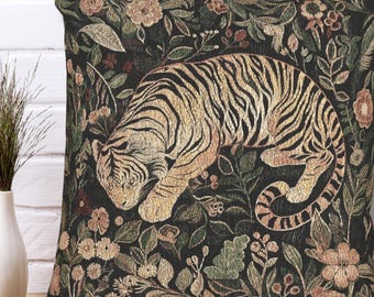 Tiger Throw Pillow – Woven Tapestry Cushion Cover, Botanical Jungle Decor, Vintage Aesthetic Animal Accent for Cottagecore & Eclectic Homes