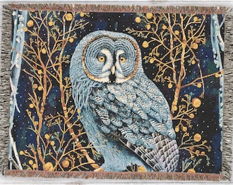 Cozy Owl Woven Blanket, Dark Cottagecore Aesthetic, Gift for Bird Lovers,  Gift for Owl Lovers, Forestcore Woodland Aesthetic, Lodge Throw