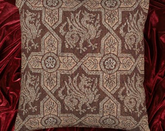 Medieval Griffin Woven Throw Pillow, Tapestry Cushion in Vintage Heraldic Pattern, Gothic Castlecore Decor