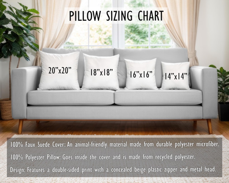 May include: A gray sofa with four white pillows of varying sizes: 20"x20", 18"x18", 16"x16", and 14"x14". The pillows are labeled with a pillow sizing chart. The text below describes the materials used.