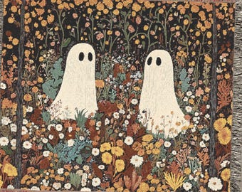 Witchy Aesthetic Ghosts and Wildflowers Throw Blanket, Cottagecore Halloween Home Decor