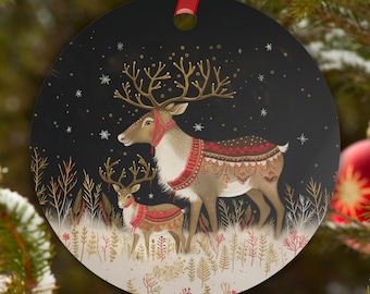 Reindeer and Calf Metal Christmas Ornament – Scandinavian Woodland Deer Design, Nordic Holiday Decor, Rustic Farmhouse Tree Ornament