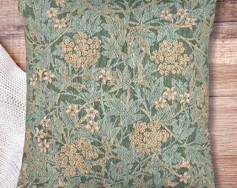 Floral Woven Pillow | William Morris Style Cushion | Green Tapestry Throw Pillow | Vintage Cottagecore