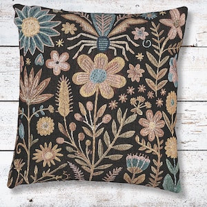 Folkloric Garden Pillow, Dark Floral Woven Cushion, Botanical Dark Cottagecore, Decorator Boho Woven Tapestry Pillow, Country Cottage Decor
