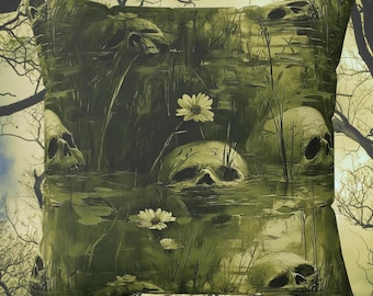 Witchy Goblincore Skull Throw Pillow with Moss & Wildflowers, Gothic Swamp Decor, Dark Green Academia Cushion, Dark Cottagecore Aesthetic