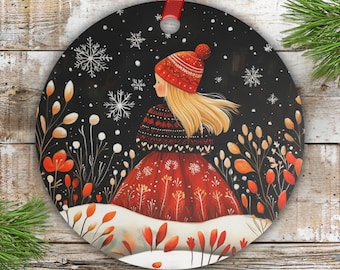Nordic Winter Girl Metal Ornament • Scandinavian Aesthetic Yule Folk Art Snowflake Scene • Double-Sided Round Christmas Tree Decoration