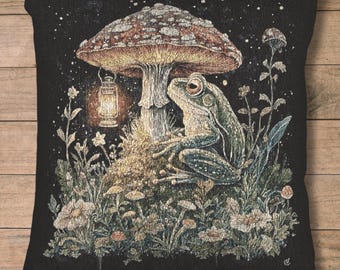 Frog & Mushroom Tapestry Throw Pillow, Whimsical Dark Cottagecore Cushion