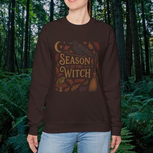 May include: A dark brown sweatshirt with the text "Season of the Witch" in a decorative font. The design includes a crescent moon, stars, a raven, autumn leaves, a mushroom, and a broom.