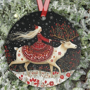 Whimsical Winter Deer & Maiden Metal Ornament, Folklore-Inspired Scandinavian Christmas Decoration, Nordic Red and White Yule Keepsake Gift