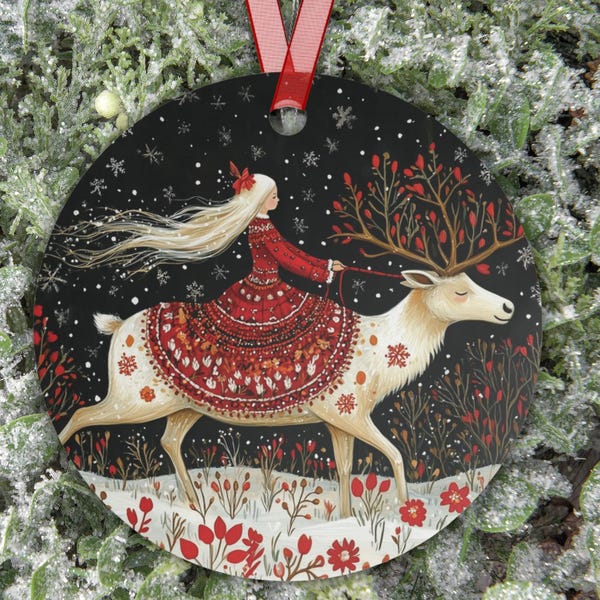 Whimsical Winter Deer & Maiden Metal Ornament, Folklore-Inspired Scandinavian Christmas Decoration, Nordic Red and White Yule Keepsake Gift